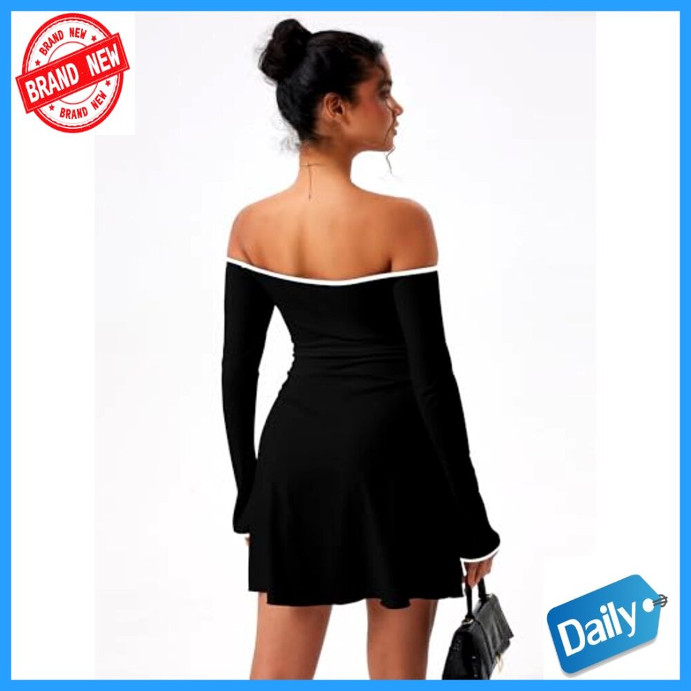 Long Sleeve Off Shoulder Bodycon Mini Dress Ruched Party Cocktail - Picture 7 of 7